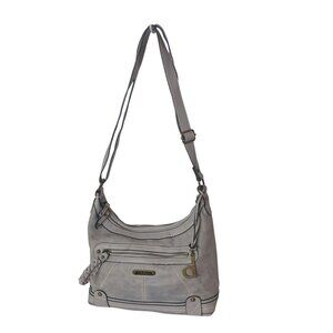 B.O.C Leather Shoulder Bag Gray Double Zipper Pocket B Charm Tassel Adj Strap
